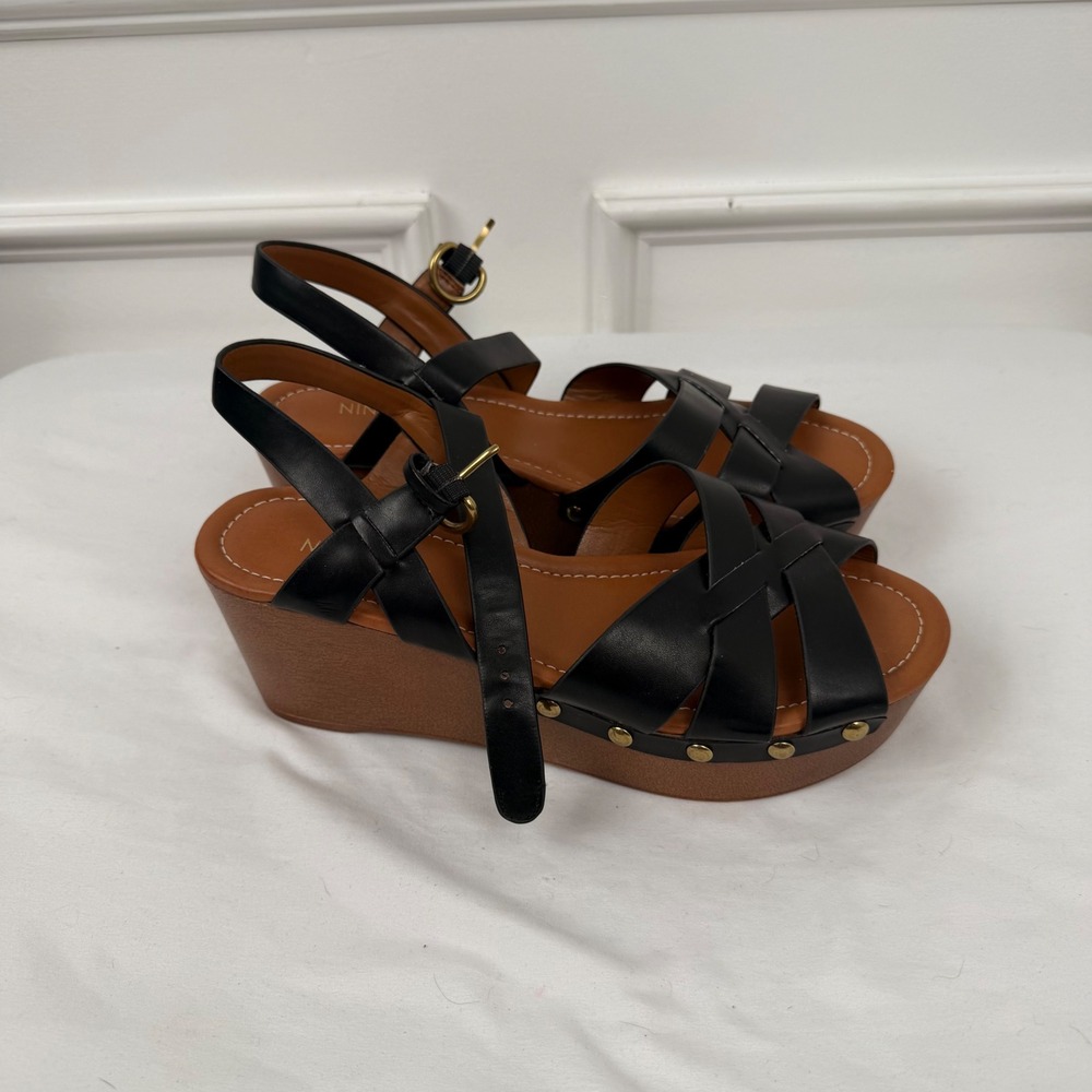 Nine West Hannah Black Platform Wedge Sandals Strappy Studded Womens 7.5M - Picture 2 of 7
